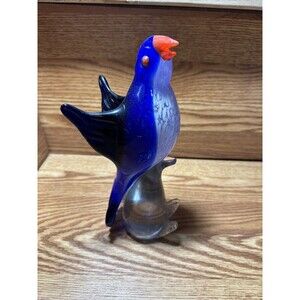 Murano Style Cobalt Blue White Glass Parrot Bird Figurine 10" Tall